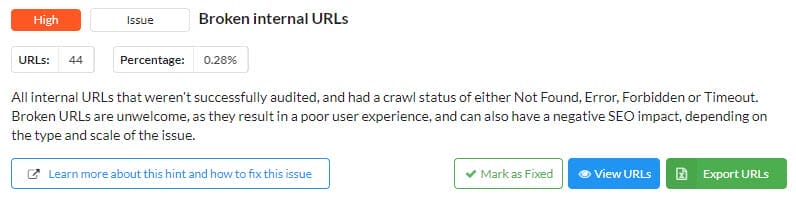 Broken internal URLs - Sitebulb Hint Screenshot
