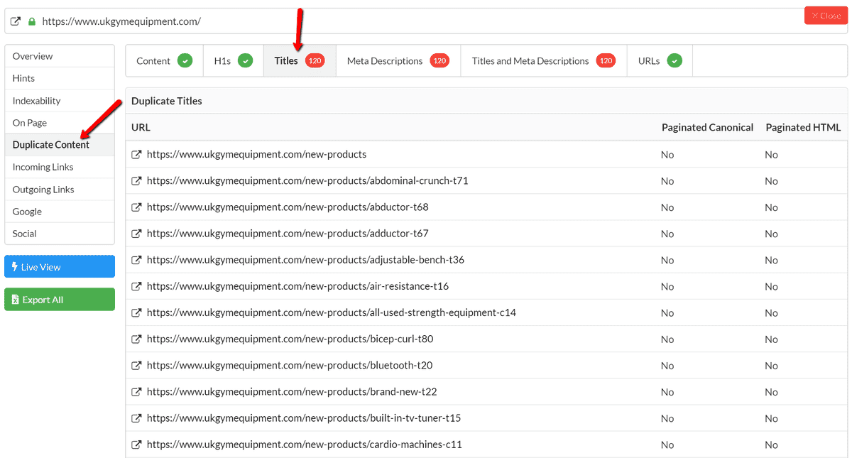 Duplicate titles per URL
