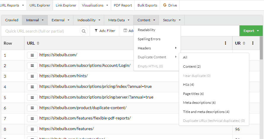 Navigating to the duplicate content data tables from the URL Explorer