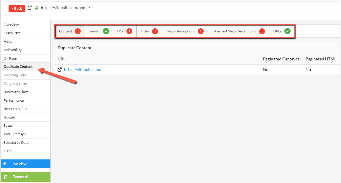 URL Details - Duplicate Content analysis tab