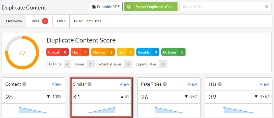 Accessing the similarity report in Sitebulb